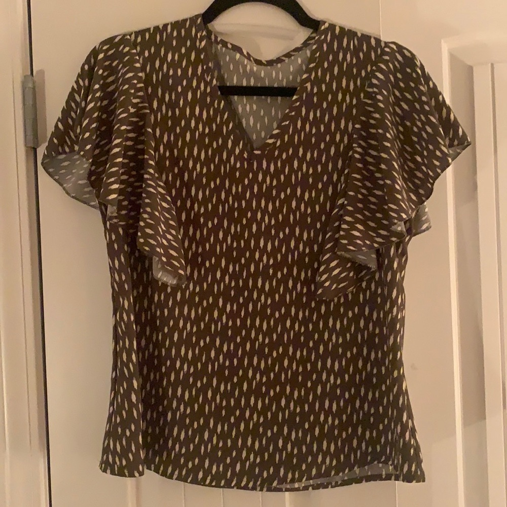 Olive Green & Cream flutter blouse